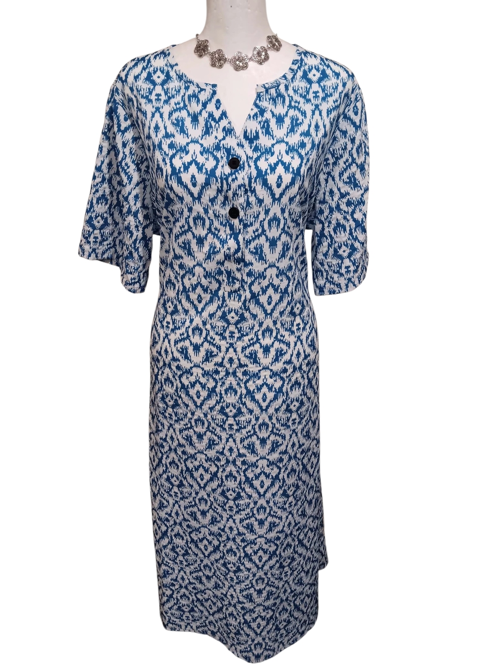 Blue and White Ikat Print Midi Dress
